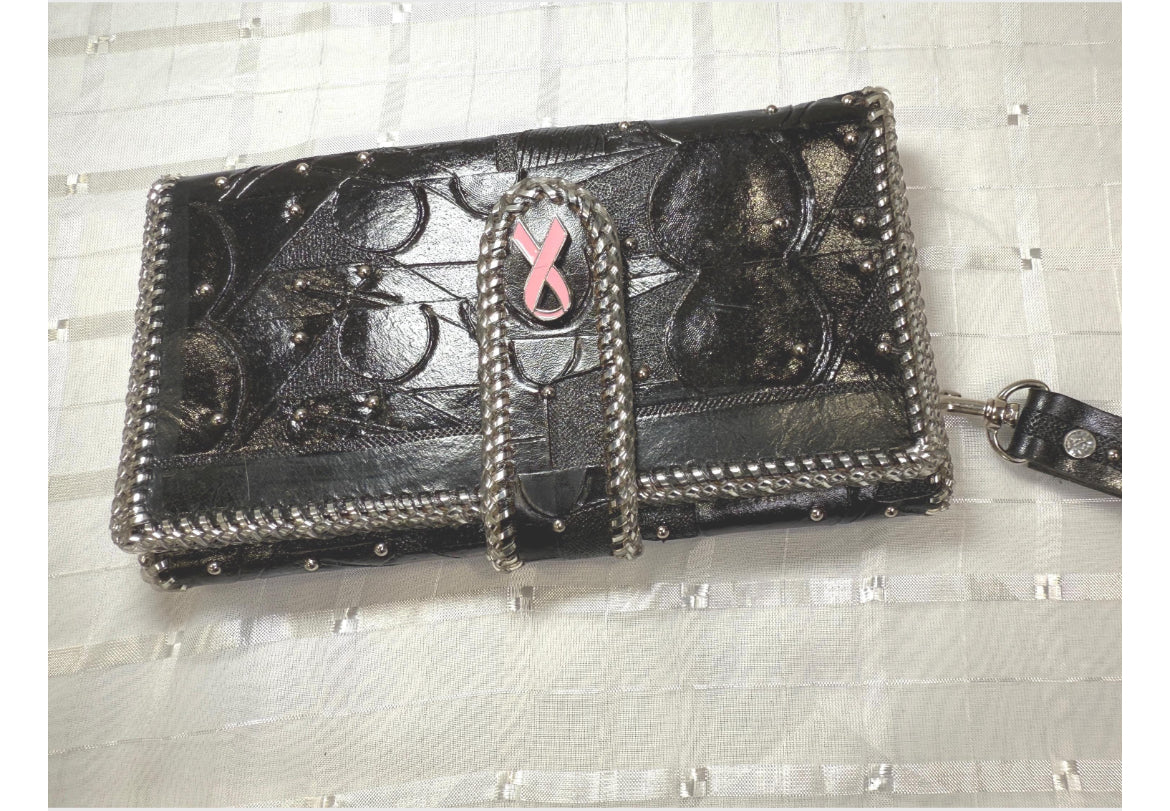 Black Hand Carved "Jef Treasures Angela Series" Leather Clutch Purse / Wallet