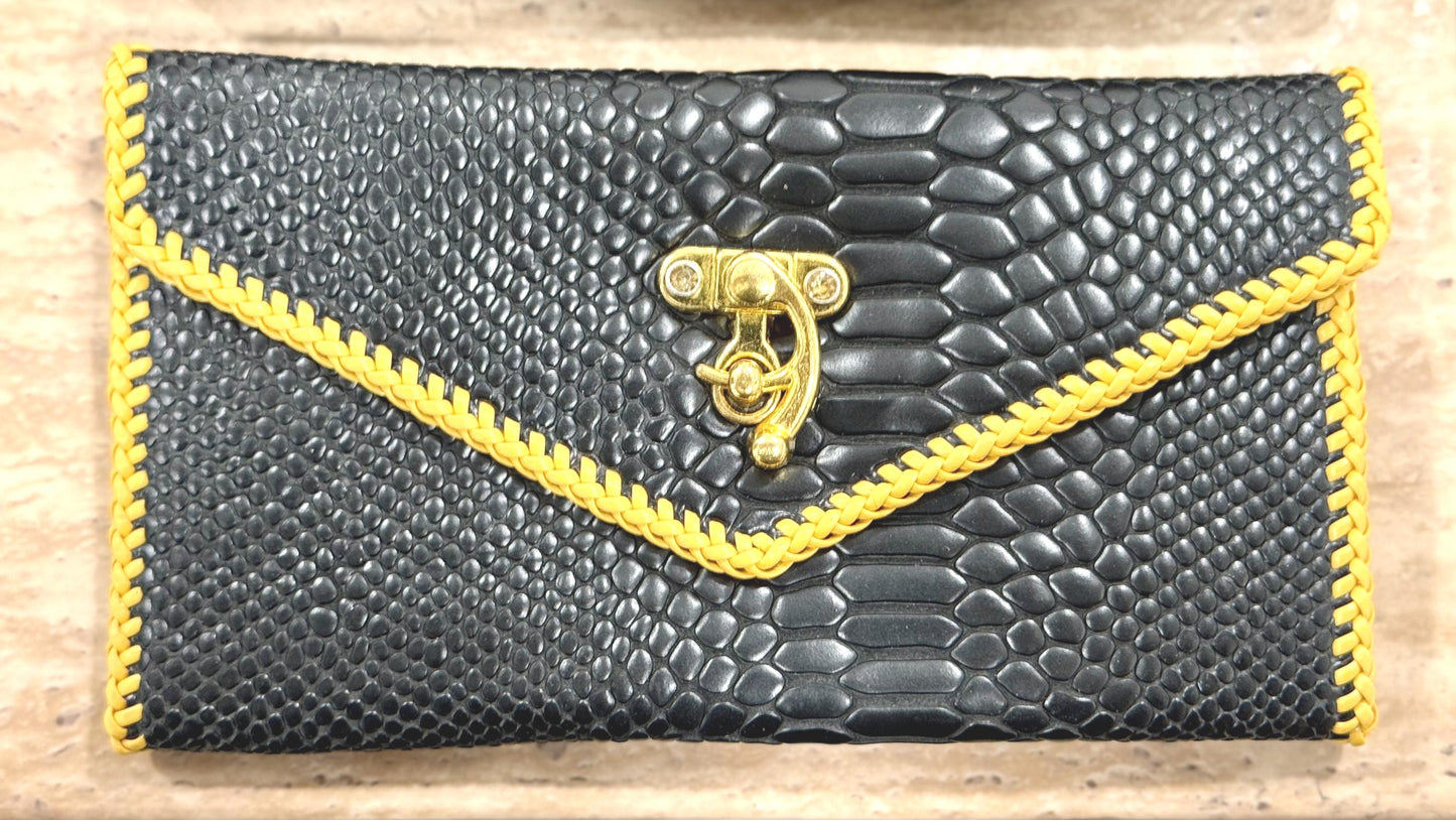 Black Snake Leather “Jef Treasures Letter Series” Clutch with Breast Cancer Awareness