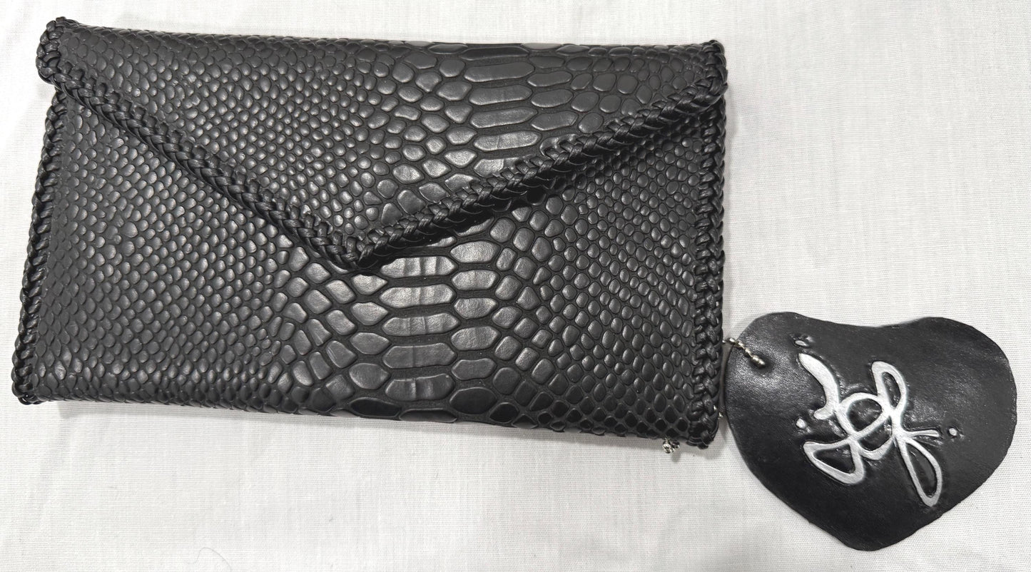 Black Snake Leather “Jef Treasures Letter Series” Clutch with Breast Cancer Awareness