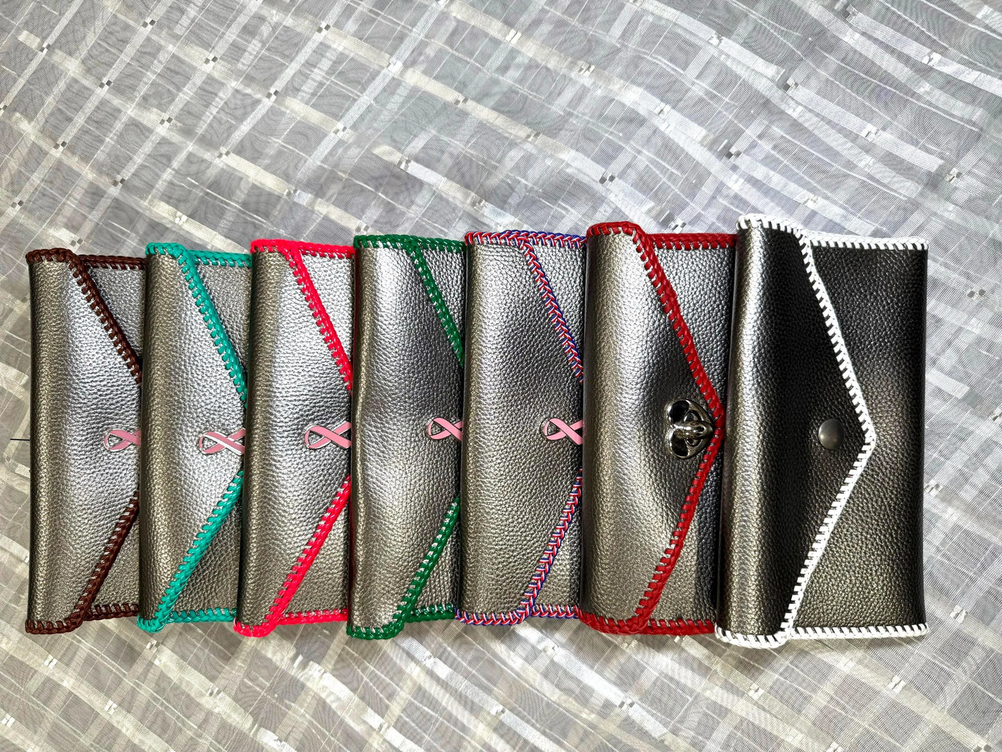 Leather Clutches Antique Silver "Jef Treasures Letter Series” with Breast Cancer Awareness