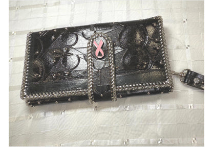 Black Hand Carved "Jef Treasures Angela Series" Leather Clutch Purse / Wallet