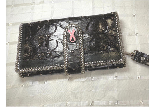 Black Hand Carved "Jef Treasures Angela Series" Leather Clutch Purse / Wallet