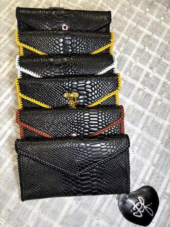 Black Snake Leather “Jef Treasures Letter Series” Clutch with Breast Cancer Awareness