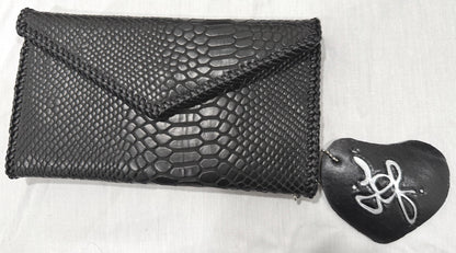 Black Snake Leather “Jef Treasures Letter Series” Clutch with Breast Cancer Awareness