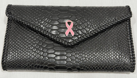 Black Snake Leather “Jef Treasures Letter Series” Clutch with Breast Cancer Awareness