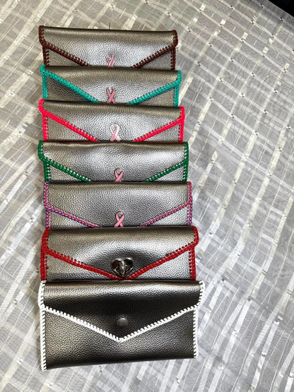 Leather Clutches Antique Silver "Jef Treasures Letter Series” with Breast Cancer Awareness