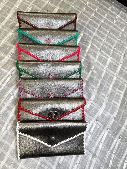 Leather Clutches Antique Silver "Jef Treasures Letter Series” with Breast Cancer Awareness