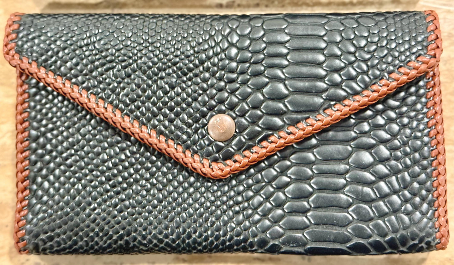 Black Snake Leather “Jef Treasures Letter Series” Clutch with Breast Cancer Awareness