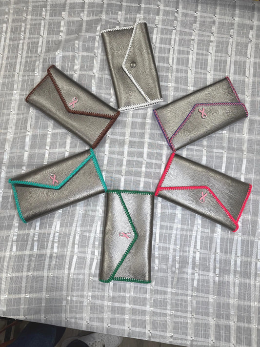 Leather Clutches Antique Silver "Jef Treasures Letter Series” with Breast Cancer Awareness