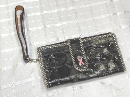 Black Hand Carved "Jef Treasures Angela Series" Leather Clutch Purse / Wallet