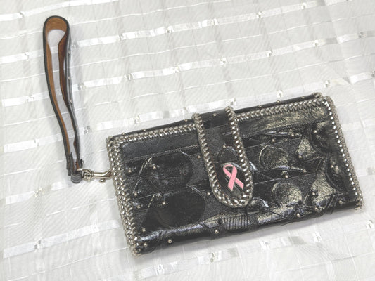 Black Hand Carved "Jef Treasures Angela Series" Leather Clutch Purse / Wallet